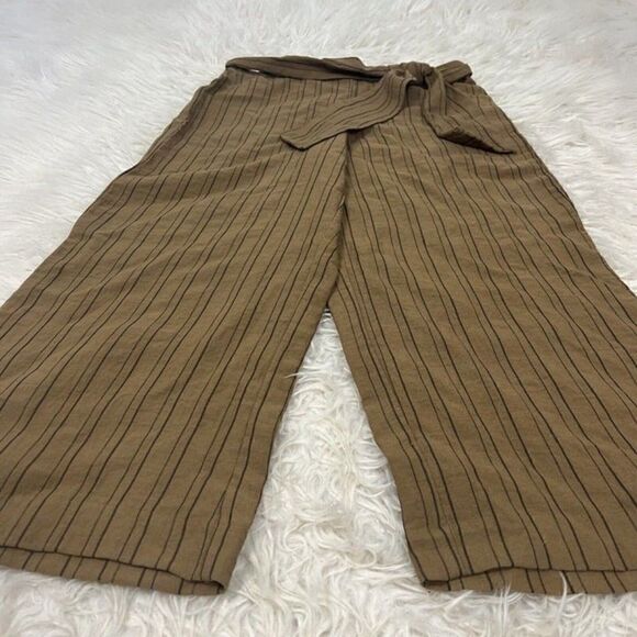 Calvin Klein Linen Brown Pinstriped Elastic Waist Tie Wide Leg Cropped Pants 6 - Picture 11 of 12